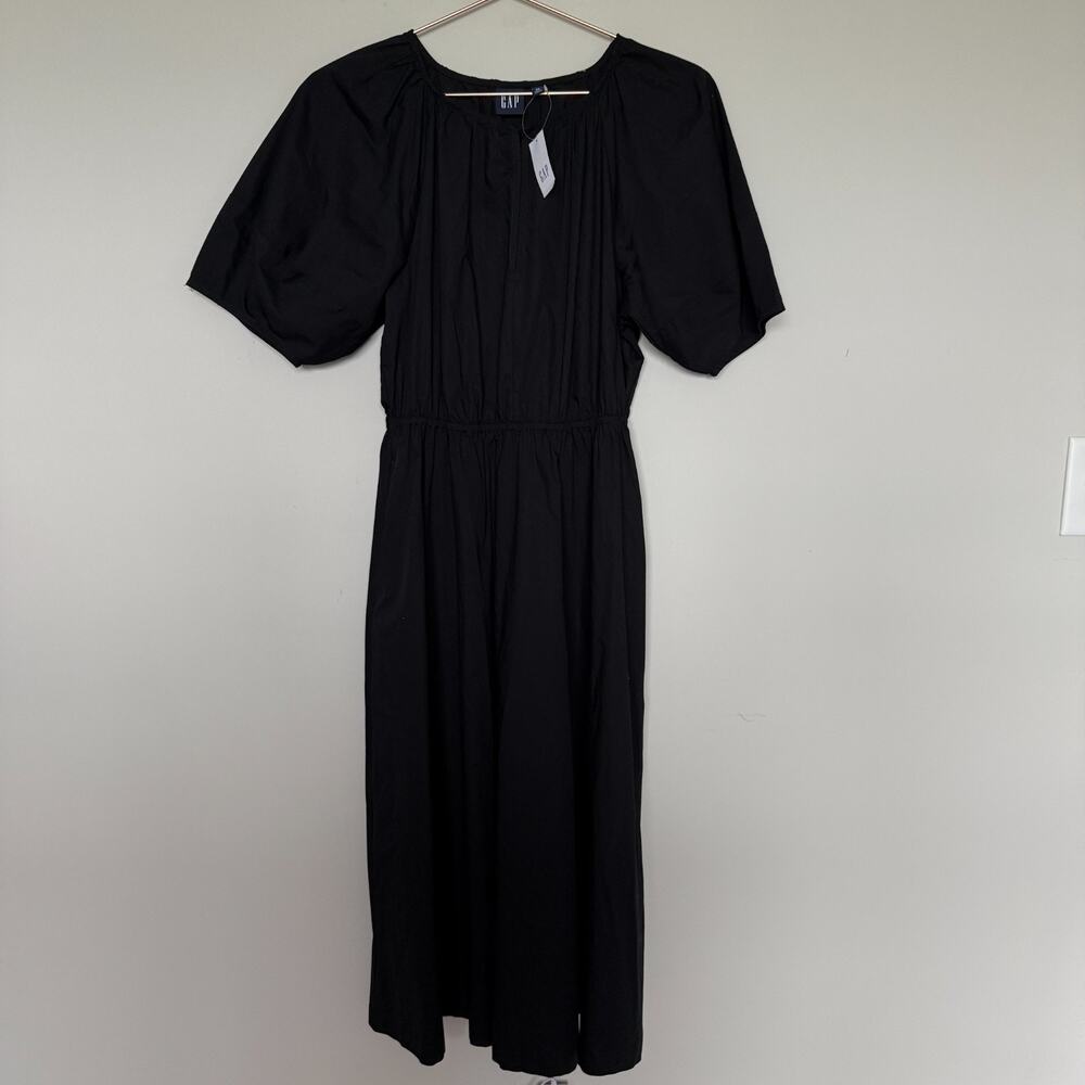 Gap Women Midi Dress XS Black Puff Sleeve Keyhole Citycore Minimalist Preppy NEW - Picture 2 of 7